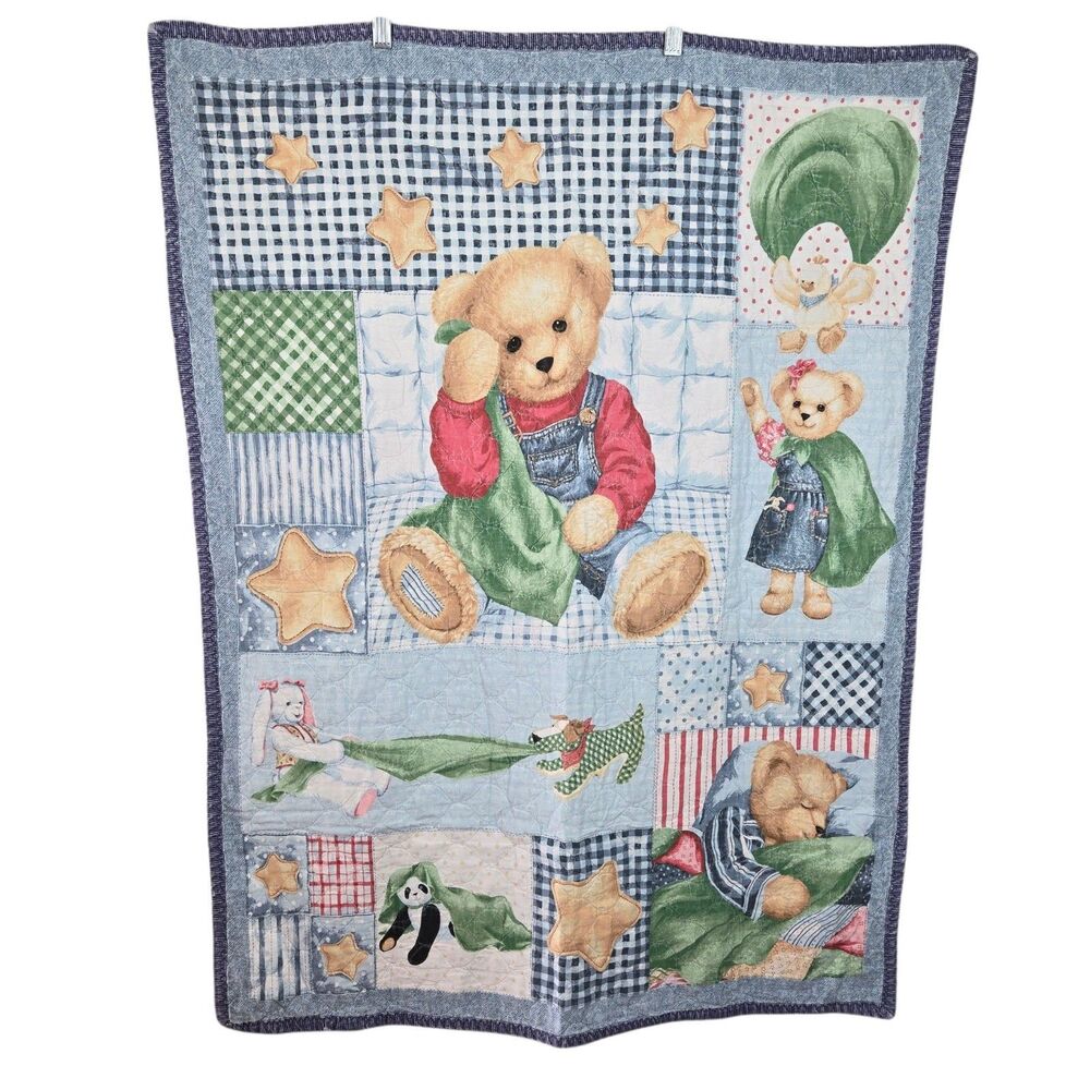 Vtg Blue Jean Teddy Bear Nursery Crib Quilt Baby Blanket Lovey 31.5" x 41.5”